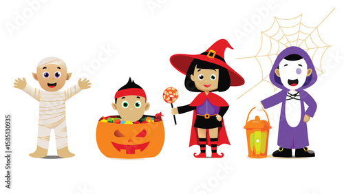 Cartoon halloween scene with kids dressed up in costumes and a spider web in the background