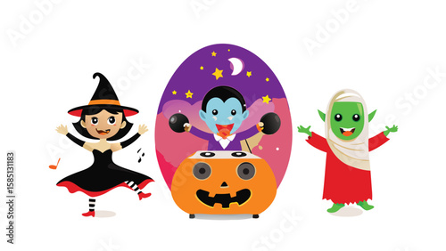 Cartoon halloween characters including a witch, vampire and mummy standing together on white background
