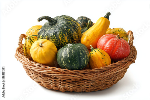 Woven basket with colorful pumpkins of diffrent shape, color and size isolated on white