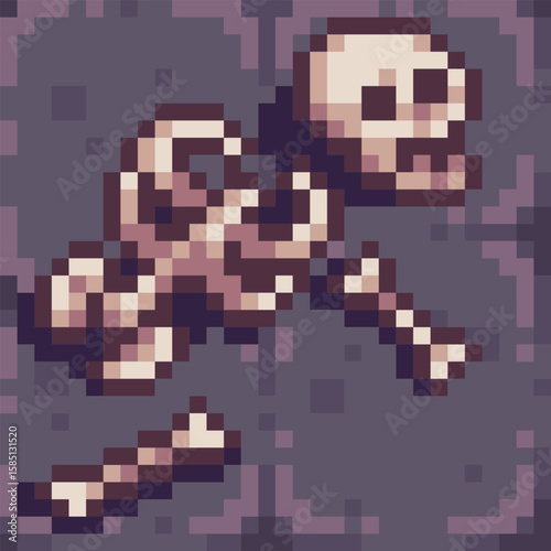 Pixel art depiction of scattered skeleton bones and a skull, lying on dungeon floor tiles. Dark fantasy style, RPGs, or spooky 2D game environments.