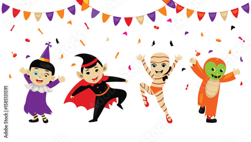Cartoon kids in halloween costumes with party decorations and confetti are celebrating happily