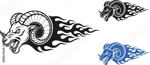 Illustrated ram head with flaming stylized elements evokes a powerful and fiery design, suitable for a logo or tattoo.