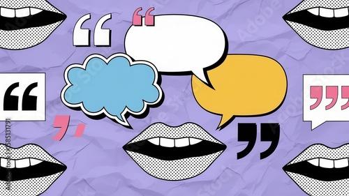 Mouths and Speech Bubbles on Wrinkled Background Depicting Modern Communication