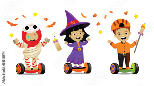 Three children in halloween costumes riding hoverboards with bats and candy falling around them all around