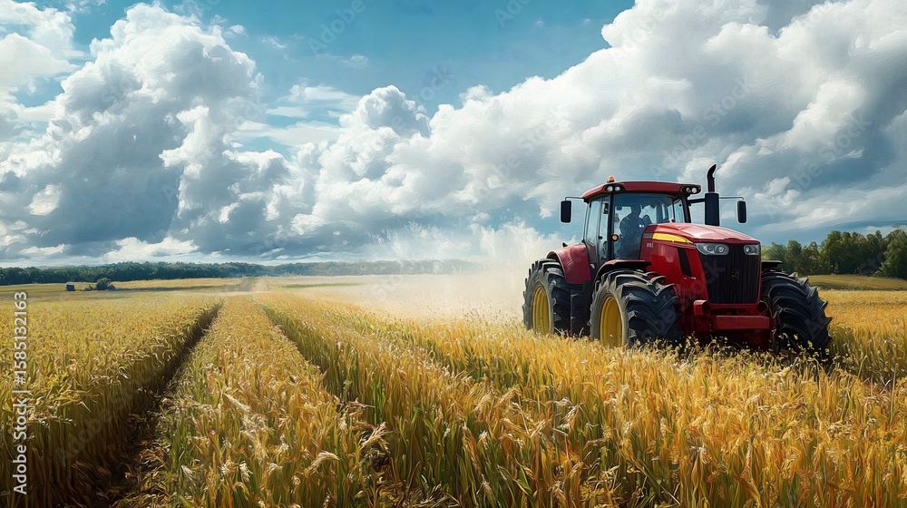 Fototapeta premium Red tractor working in wheat field under cloudy sky