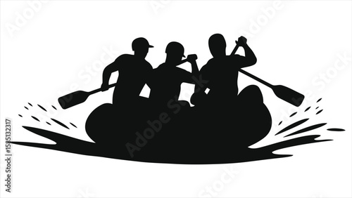 Group Rafting Silhouette Vector - Minimalist Black Design for Team Adventure Water Sports


