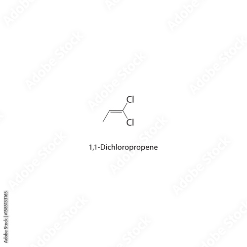 1,1-Dichloropropene skeletal structure. halogen alkene compound schematic illustration. Simple diagram, chemical formula.