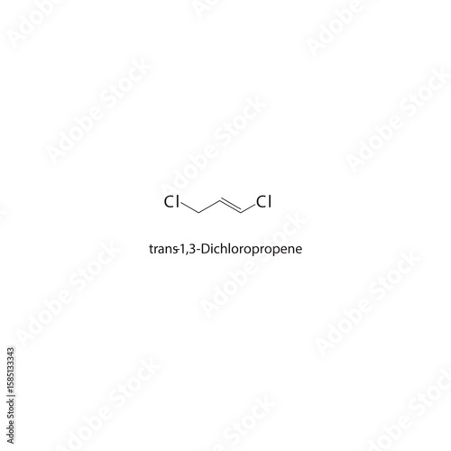 trans-1,3-Dichloropropene skeletal structure. halogen alkene compound schematic illustration. Simple diagram, chemical formula.
