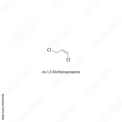 cis-1,3-Dichloropropene skeletal structure. halogen alkene compound schematic illustration. Simple diagram, chemical formula.