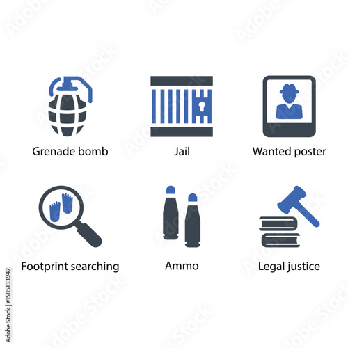 Grenade bomb, Jail, Wanted poster, Footprint searching, Ammo, Legal justice, icon