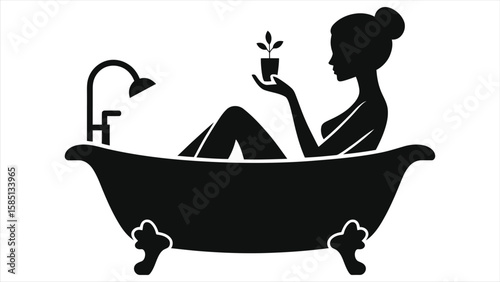 Woman in Bathtub with Plant Silhouette - Minimalist Black Vector for Spa & Self-Care