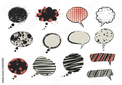 Twelve handdrawn speech bubbles in a variety of styles and colors are displayed against a white background