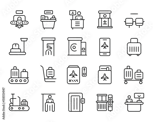 Airport Services Vector Icon Set - Terminal, Check-In, Security Check, Luggage, Passport Control, Boarding, Customs, Baggage Claim - Adjustable Line Weight