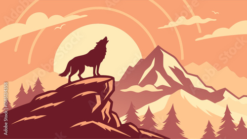 Wolf howling at sunset vector art illustration, mountains, forest, nature background, wildlife scene graphic 100