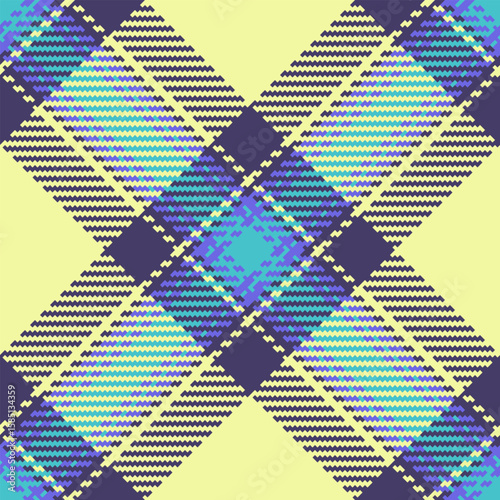 Vibrant pastel plaid pattern, featuring intersecting diagonal lines in teal, purple, and yellow.