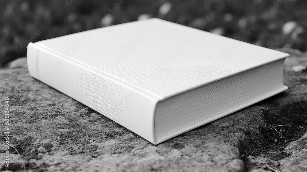 Fototapeta premium Monochromatic study of a blank hardcover book resting on a textured rock surface