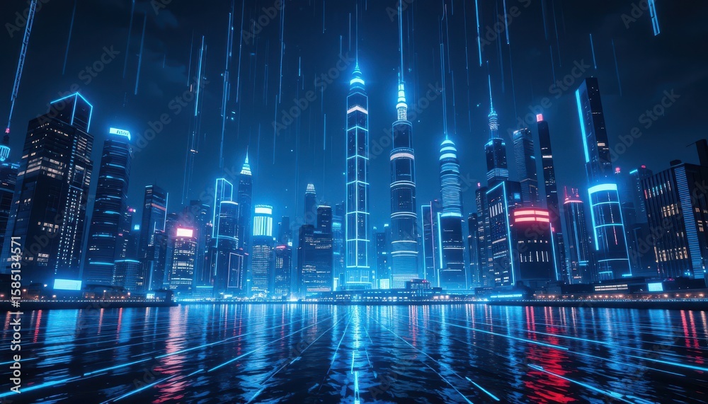Fototapeta premium Futuristic cyberpunk city skyline at night with glowing neon lights and reflections