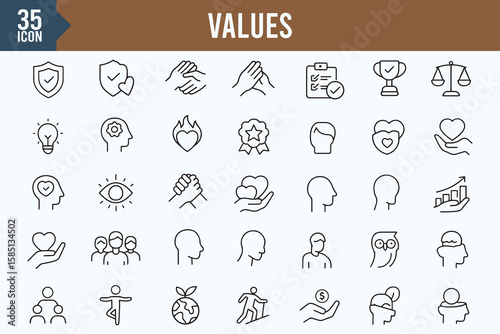 Line Icons Set of Human Core Values, Ethics, and Mindset Concepts – 35 Outline Symbols
