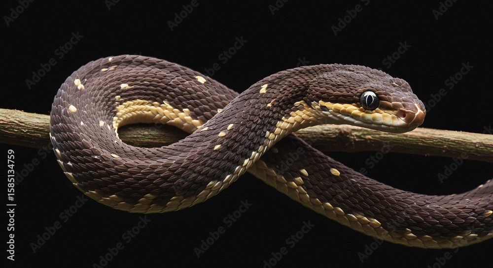 Fototapeta premium Snake coiled on a branch with striking detail against a black backdrop.
