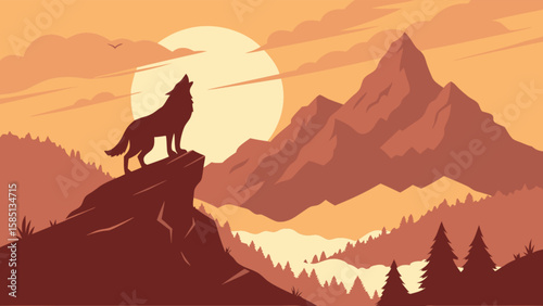 Wolf howling silhouette vector illustration at sunset mountain landscape background art print design