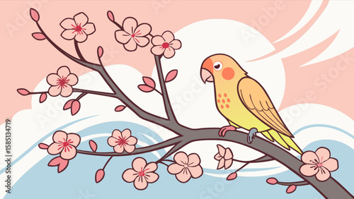 Cute lovebird perched on cherry blossom branch vector illustration spring season nature scene drawing design