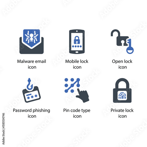 Malware email, Mobile lock, Open lock, Password phishing, Pin code type, Private lock, icon