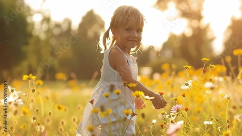 Joyful child girl in white dress running through wildflower field bathed in warm sunlight, embracing nature’s peaceful golden hour beauty and freedom