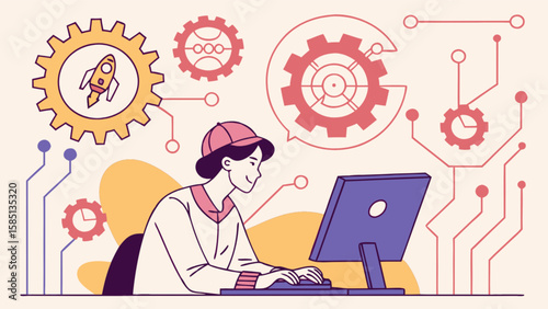 Illustration of software developer working on computer with gears and rocket for development concept 100char