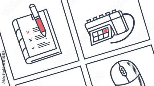 Illustration of a notebook with a pen, a calendar, and a computer mouse in separate quadrants design