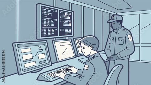 Security control room monitoring system with guards and computer surveillance technology center