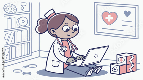 Illustration of doctor working on laptop in office for healthcare medical professional concept design art vector