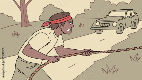 Man pulling car with rope challenge strong determination strength effort achievement road tree vehicle 100