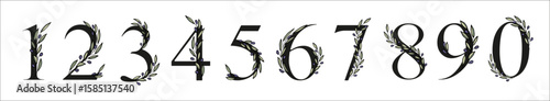 Olive branch alphabet number for decor of card or wedding invite. Vector hand drawn illustration for design