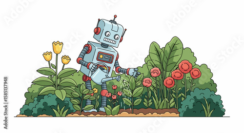 Animated Robot Gardening, Watering Flowers in a Colorful Garden Scene