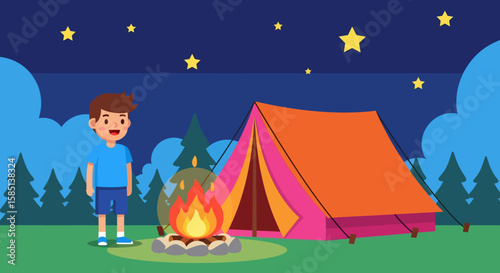 Cartoon boy camping with tent and campfire under starry night sky