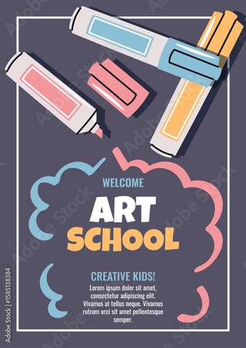 Sketching master Class. Art Workshop Poster for Kids and Adults. Vibrant Alcohol Markers Set in Flat Style. Banner for Illustration Courses, Sketching Lessons and Creative Hobby Groups. Back to school