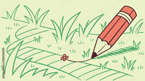 Illustration of a pencil drawing a path through a grassy field with a small flower design vector art