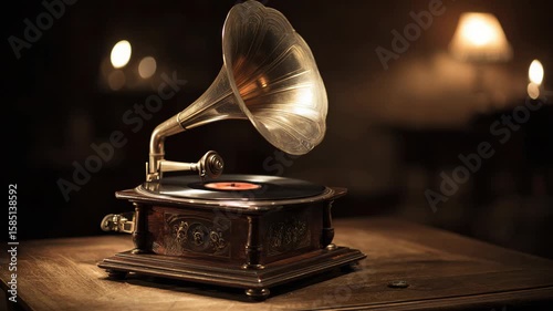 Elegant vintage gramophone playing classic music in cozy setting