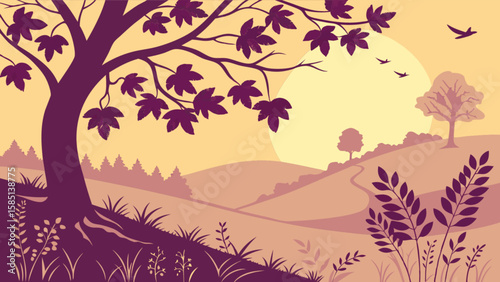 Autumn landscape vector illustration with trees hills and birds silhouette nature graphic design art 100
