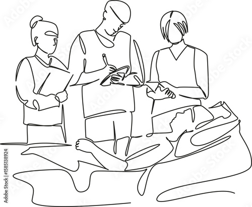 One continuous single drawing line art flat doodle doctor, patient, hospital, discussion, nurse, talking, interns, training. Isolated image hand draw contour on a white background, hand drawn, not AI