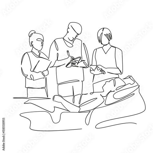 One continuous single drawing line art flat doodle doctor, patient, hospital, discussion, nurse, talking, interns, training. Isolated image hand draw contour on a white background, hand drawn, not AI