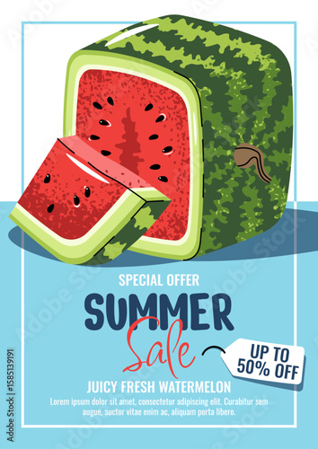 Summer Sale Poster Template. Square Watermelon Design for Seasonal Discounts, Social Media Ads and Shop Displays. Banner for Cafe, Grocery Stores, shop, market. Asian trend fruit