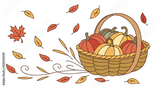 Autumn harvest basket with pumpkins and leaves vector illustration for thanksgiving and fall season design