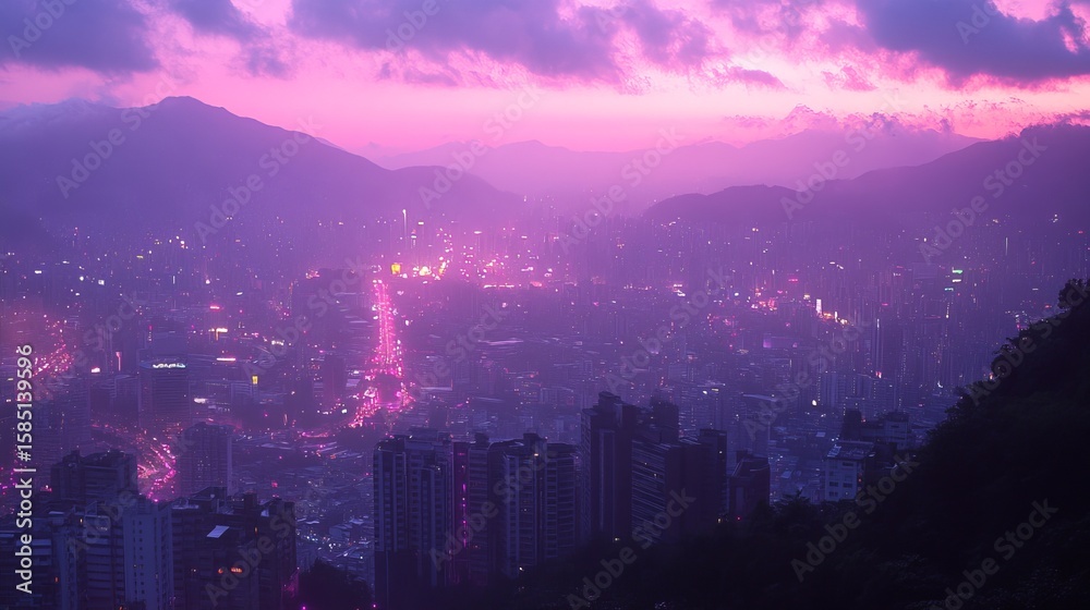 Obraz premium Cityscape at twilight, vibrant purple hues