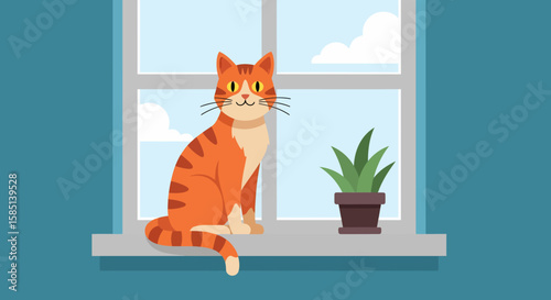 Cartoon Orange Tabby Cat Sitting on Window Sill with Plant