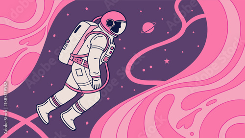 Pink astronaut in space vector illustration with planet and stars for graphic design projects
