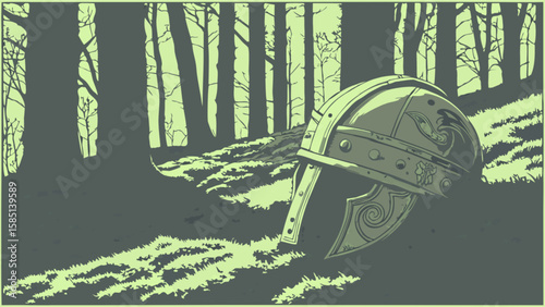 Lost medieval knight helmet in forest illustration vector graphic design element artwork for print and web