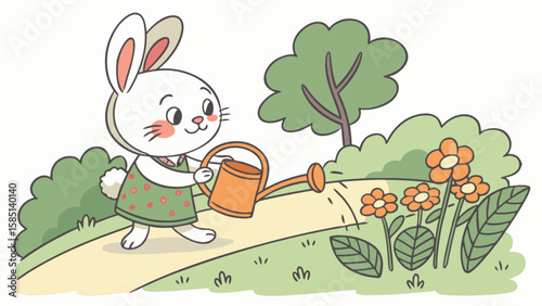 Cute bunny watering flowers in garden illustration for kids spring gardening vector art design 100