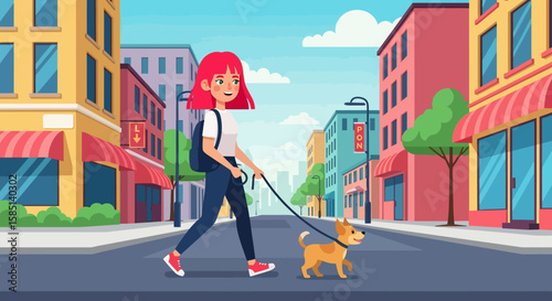 Cartoon woman with red hair walking a tan dog in a city