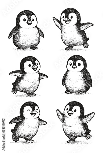 Fluffy baby penguins in joyful and playful poses, drawn in charming black and white sketch style.